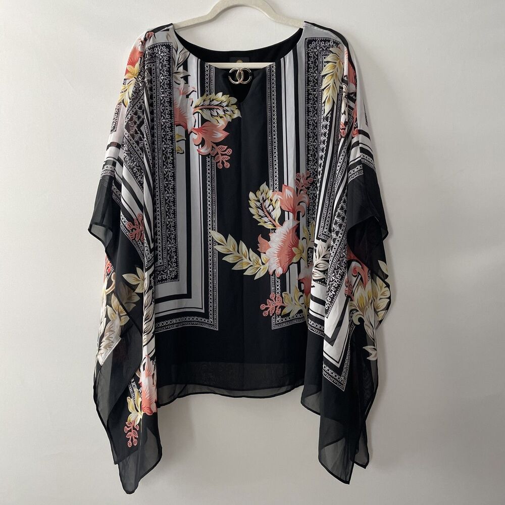 JM Collection Floral Border Print Poncho Blouse Black Woven Size L-C